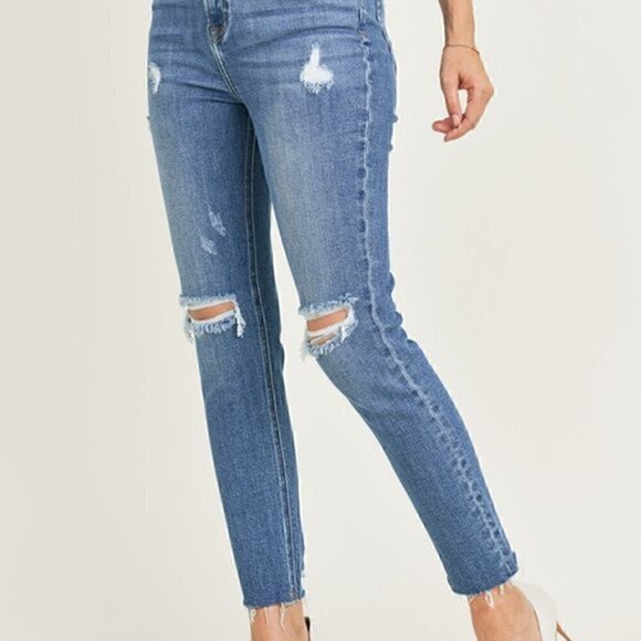 High Rise Medium Wash Relaxed Fit Distressed Skinny Jean - Picture 3 of 9